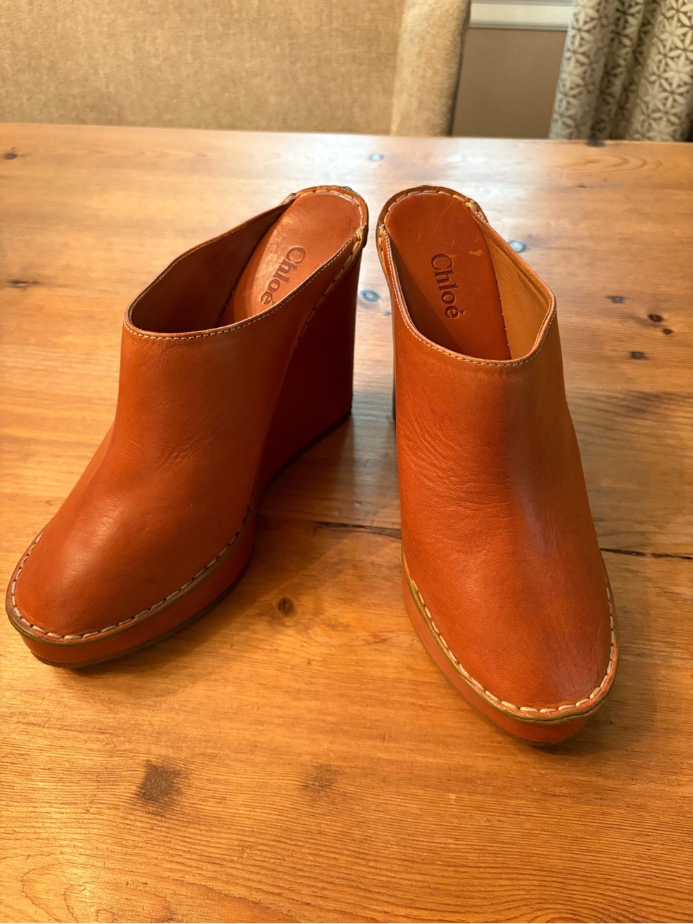 Chloe Women's Tan Leather Wedge Mules Sz 39
